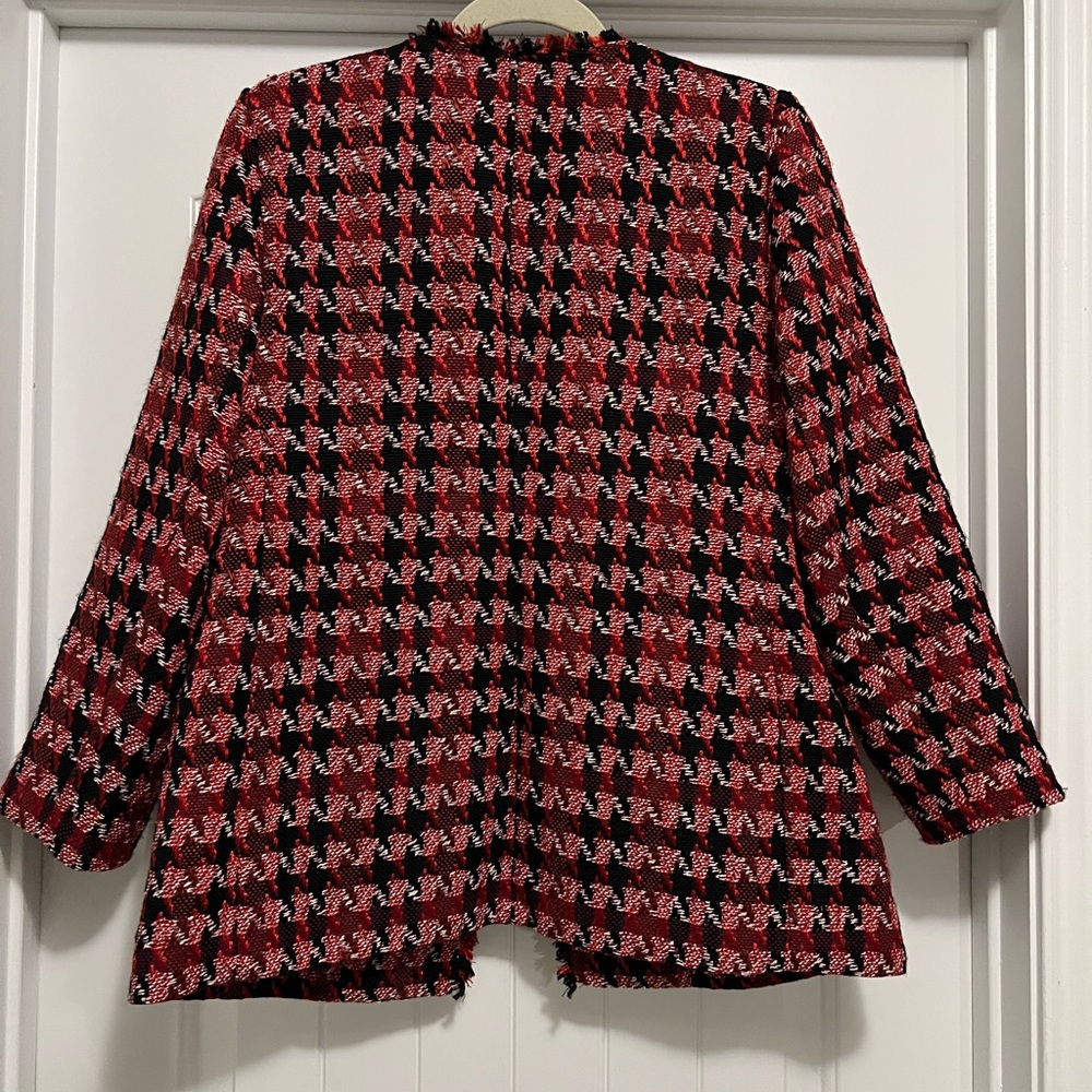 Chico’s Red Black Tweed Houndstooth Fringe Jacket Blazer 1P Office Wear Holiday - Picture 4 of 12